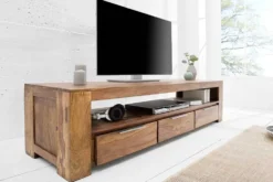 Massives TV-Board MAKASSAR 170cm braun Sheesham stone finish Lowboard drei Schubladen