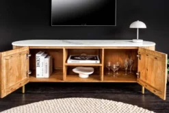 Massives TV-Board TRES CHIC 140cm natur Mangoholz weiß Marmor mit viel Stauraum
