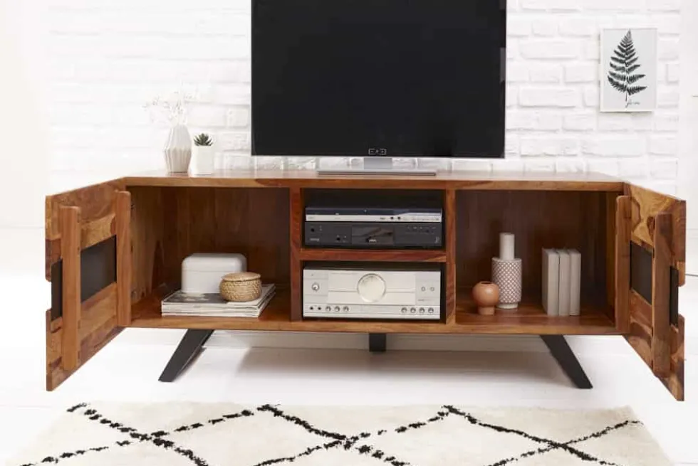Massives TV-Lowboard AMAZONAS 160cm braun Sheeshamholz mit Baumkante