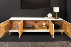 Massives TV-Lowboard GOLDEN SUNSET 180cm weiß gold Mangoholz 3D Schnitzereien Metallfüße