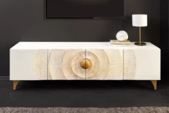 Massives TV-Lowboard GOLDEN SUNSET 180cm weiß gold Mangoholz 3D Schnitzereien Metallfüße