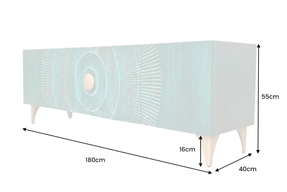 Massives TV-Lowboard GOLDEN SUNSET 180cm türkis 3D-Schnitzereien gold Mangoholz Metall