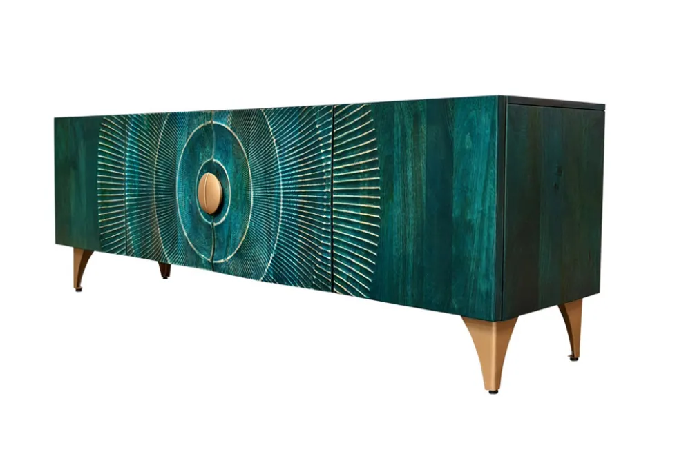 Massives TV-Lowboard GOLDEN SUNSET 180cm türkis 3D-Schnitzereien gold Mangoholz Metall