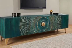 Massives TV-Lowboard GOLDEN SUNSET 180cm türkis 3D-Schnitzereien gold Mangoholz Metall