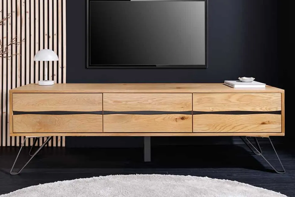 Massives TV-Lowboard LIVING EDGE 160cm natur Eichenholz Baumkante mit Hairpin Legs