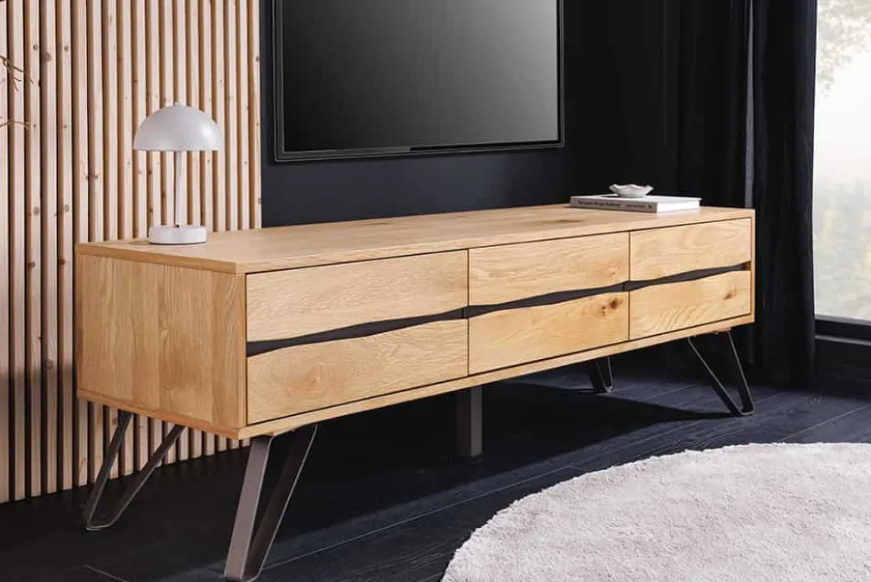 Massives TV-Lowboard LIVING EDGE 160cm natur Eichenholz Baumkante mit Hairpin Legs