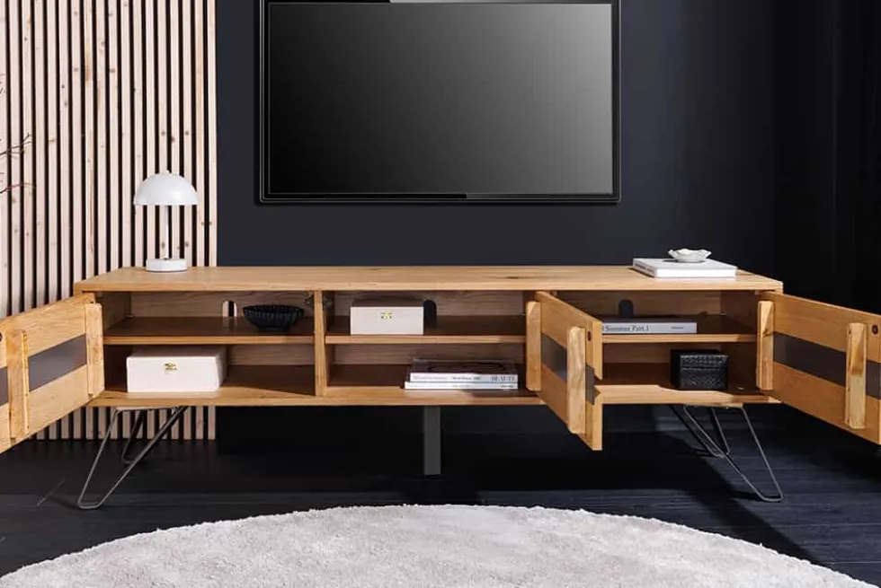 Massives TV-Lowboard LIVING EDGE 160cm natur Eichenholz Baumkante mit Hairpin Legs