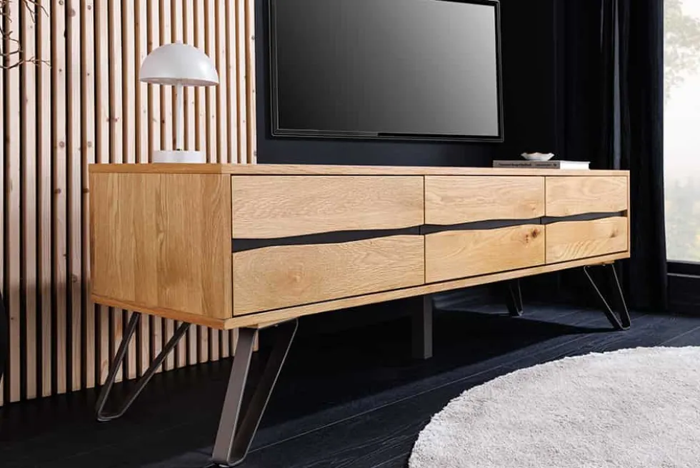 Massives TV-Lowboard LIVING EDGE 160cm natur Eichenholz Baumkante mit Hairpin Legs