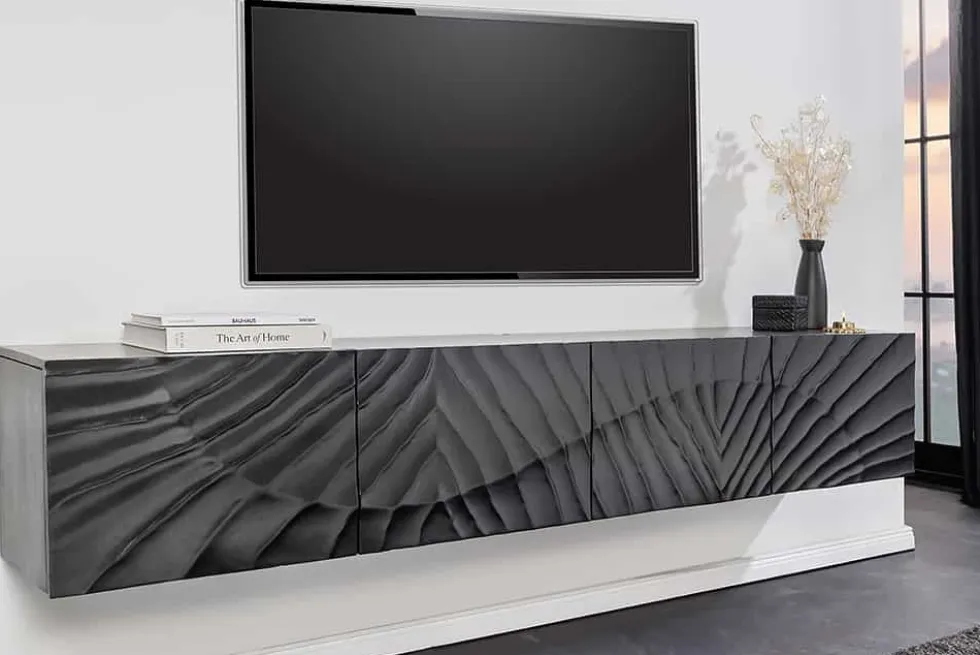 Massives TV-Lowboard SCORPION 200cm schwarz hängend Mangoholz 3D-Design