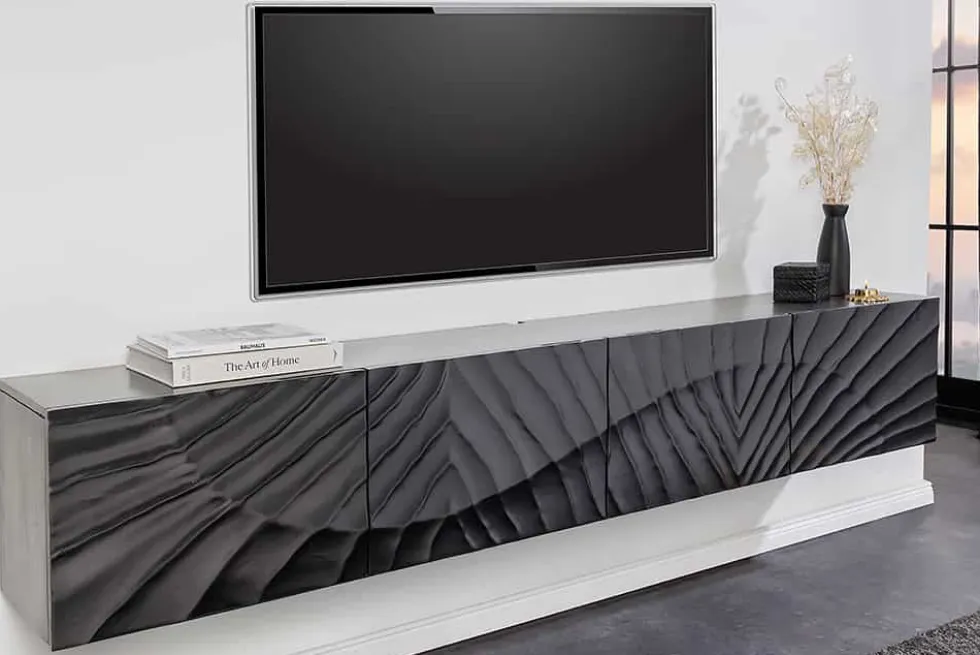 Massives TV-Lowboard SCORPION 200cm schwarz hängend Mangoholz 3D-Design