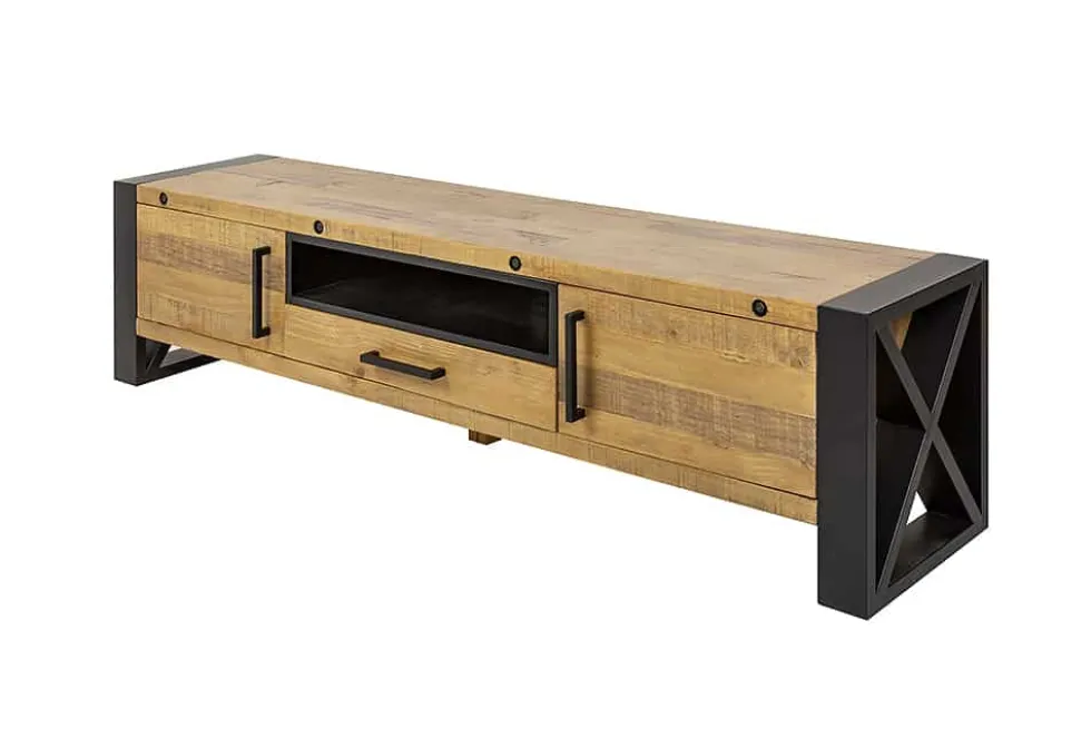 Massives TV-Lowboard THOR 200cm recyceltes Pinienholz im Industrial Design