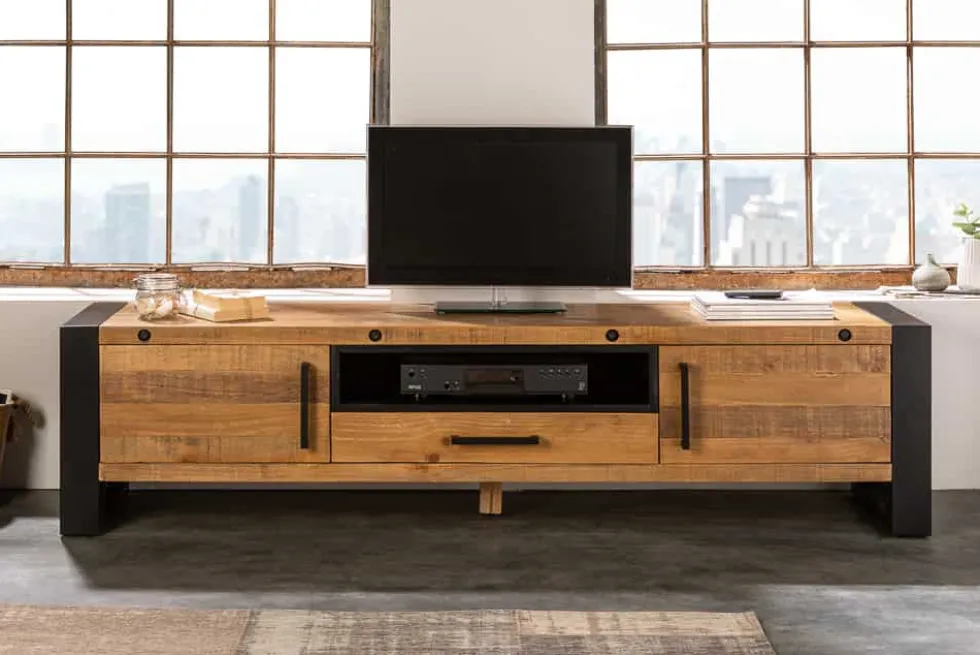Massives TV-Lowboard THOR 200cm recyceltes Pinienholz im Industrial Design