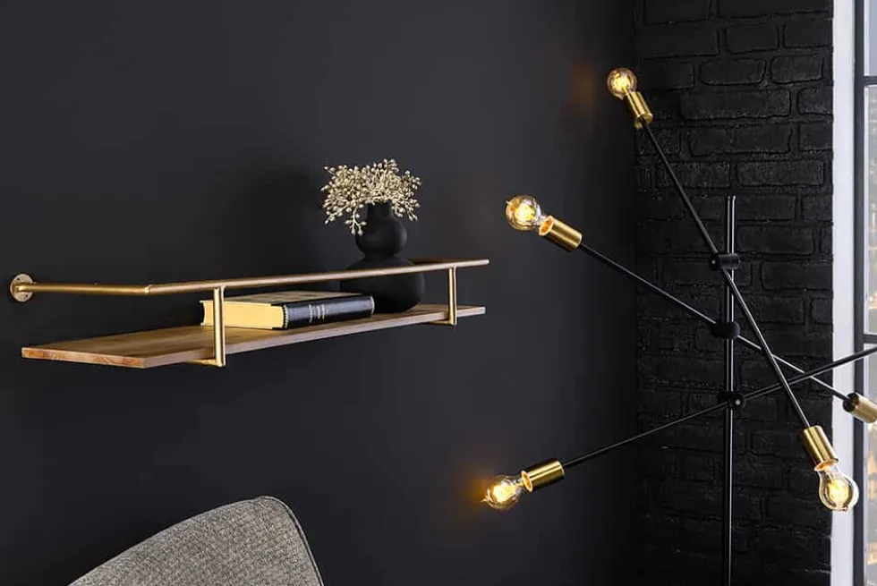 Massives Wandregal HERITAGE 75cm natur Pinienholz gold Metall