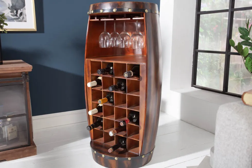 Massives Weinregal BODEGA 97cm coffee braun Pinie Fass-Bartisch für 24 Flaschen