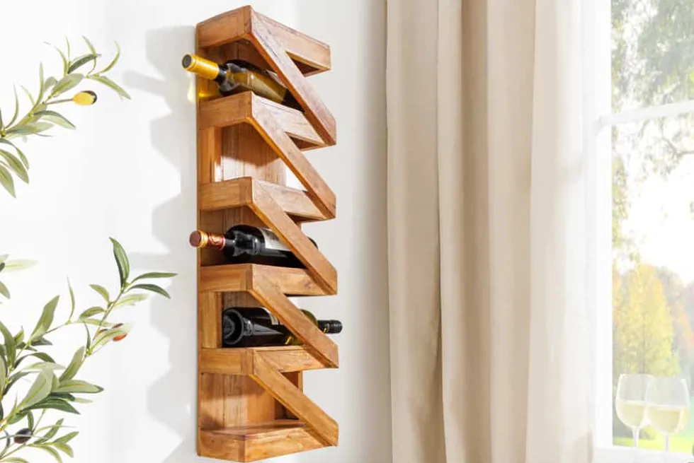 Massives Weinregal MAKASSAR 80cm recyceltes Teakholz für 5 Flaschen Wandregal