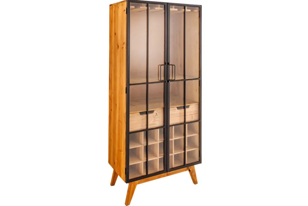 Massive Vitrine SEVEN SEAS 150cm natur Pinie Industrial-Türen Metall Barschrank