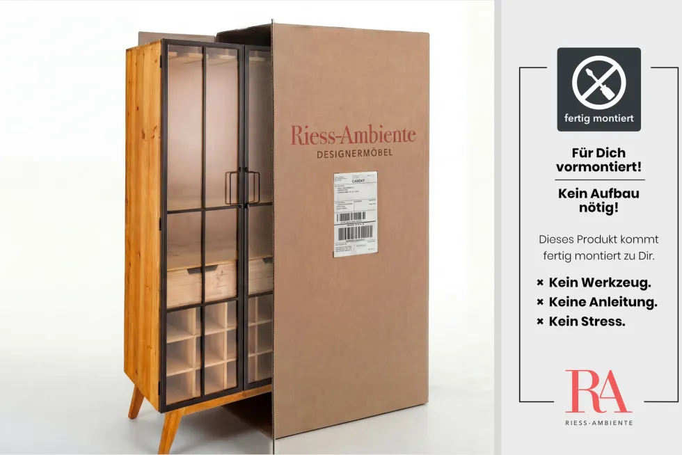 Massive Vitrine SEVEN SEAS 150cm natur Pinie Industrial-Türen Metall Barschrank