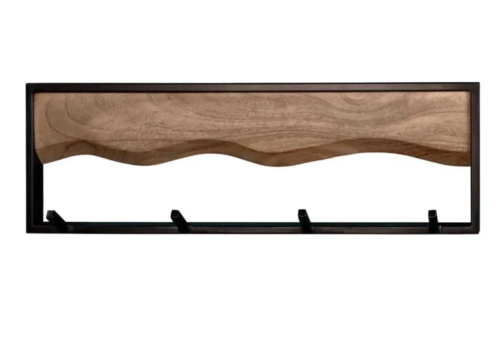 Massive Wandgarderobe AMAZONAS 60cm Mangoholz Metall schwarz mit 4 Kleiderhaken