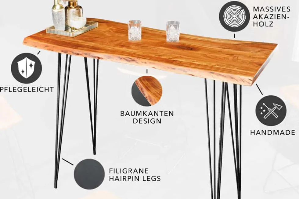 Massivholz Bartisch MAMMUT 140cm natur Akazie Baumkante Metall schwarz Hairpin Legs