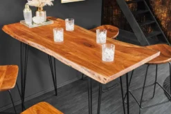Massivholz Bartisch MAMMUT 140cm natur Akazie Baumkante Metall schwarz Hairpin Legs