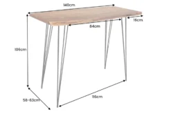 Massivholz Bartisch MAMMUT 140cm natur Akazie Baumkante Metall schwarz Hairpin Legs