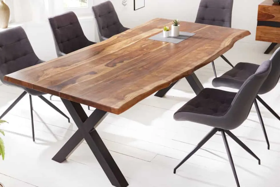 Massivholz Baumkanten Esstisch AMAZONAS 180cm braun Sheesham schwarze Metallbeine