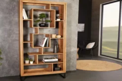 Massivholz Bücherregal CUBUS 190cm Akazie honey finish Metallfüße schwarz Standregal