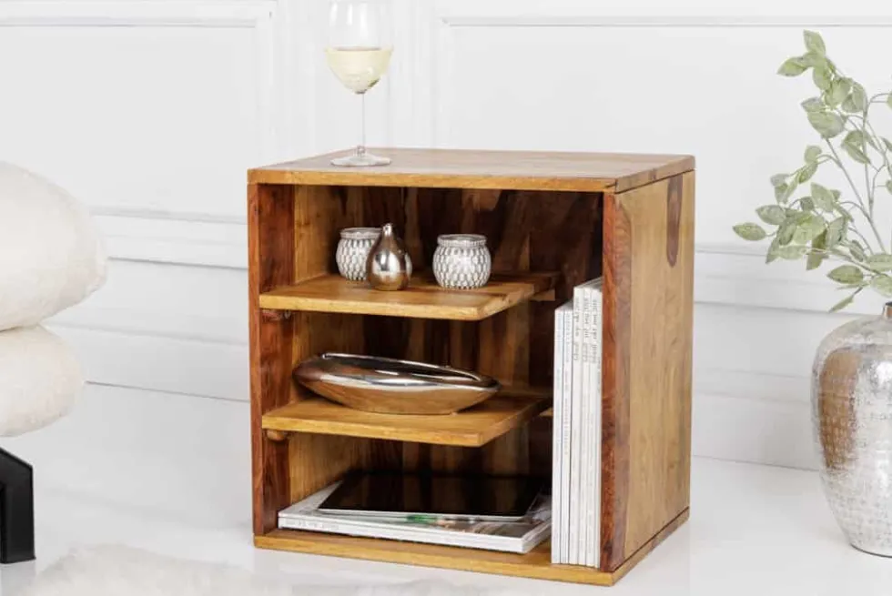 Massivholz Beistelltisch CUBUS 45cm braun Sheesham stone finish Regal Nachttisch