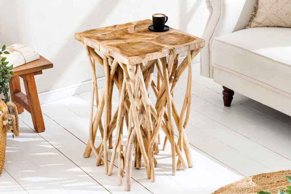 Massivholz Beistelltisch DRIFTWOOD 60cm natur Teak viereckig im Stelzen-Design
