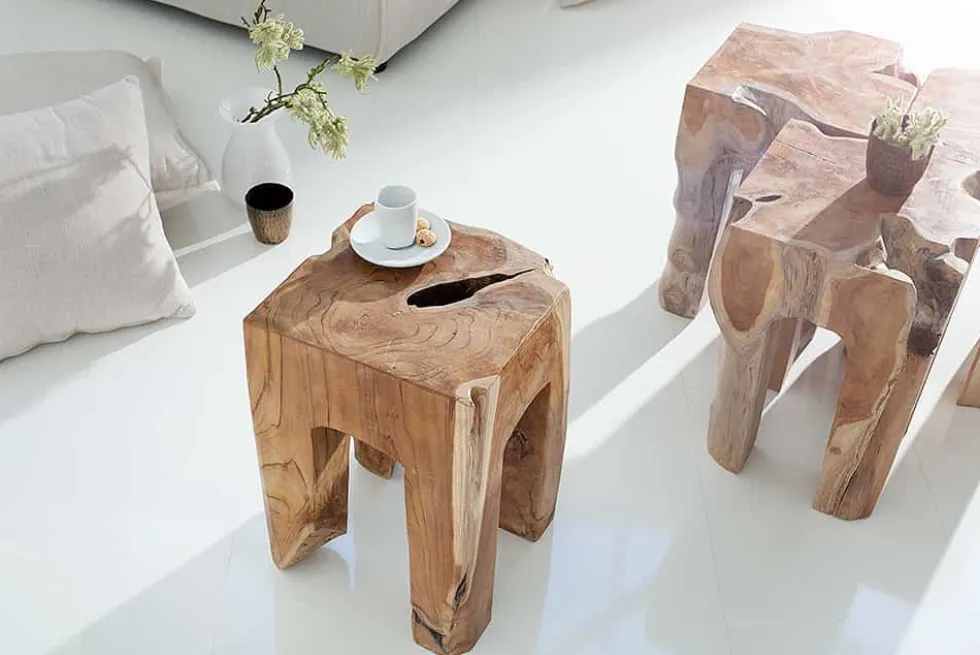 Massivholz Beistelltisch MOLAR 30cm Hocker Teak Block aus einem Stück gefertigt