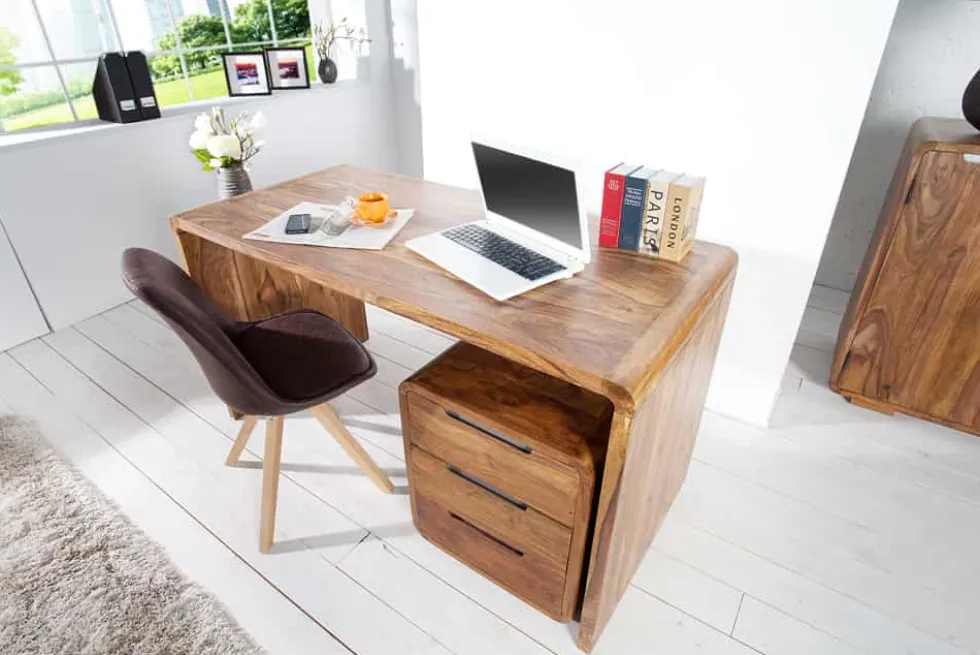 Massivholz Bürotisch CUBUS 120cm braun Sheeshamholz stone finish Schreibtisch