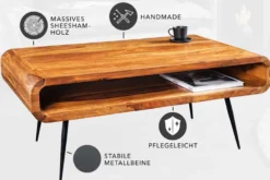 Massivholz Couchtisch ALPHA 90cm braun Sheesham stone finish Metallbeine mit Stauraum