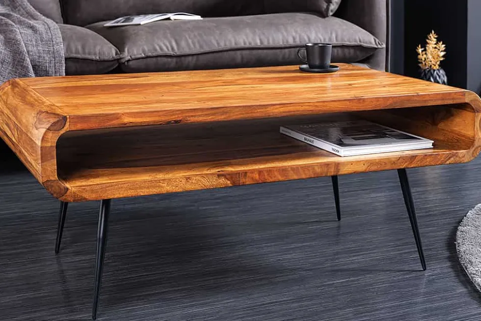 Massivholz Couchtisch ALPHA 90cm braun Sheesham stone finish Metallbeine mit Stauraum