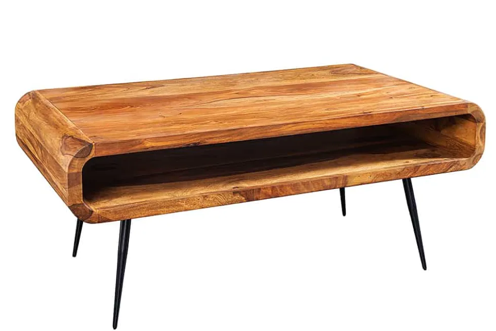 Massivholz Couchtisch ALPHA 90cm braun Sheesham stone finish Metallbeine mit Stauraum