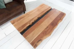 Massivholz Couchtisch AMAZONAS 105cm Akazie schwarzes Metall X-Gestell Baumkante Live Edge