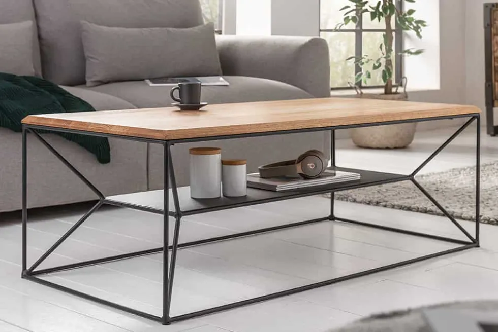 Massivholz Couchtisch ARCHITECTURE 110cm Eiche geölt schwarzes Metallgestell mit Ablage