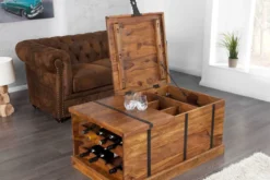 Massivholz Couchtisch BODEGA 100cm braun Sheesham stone finish Truhe Stauraum Weinregal