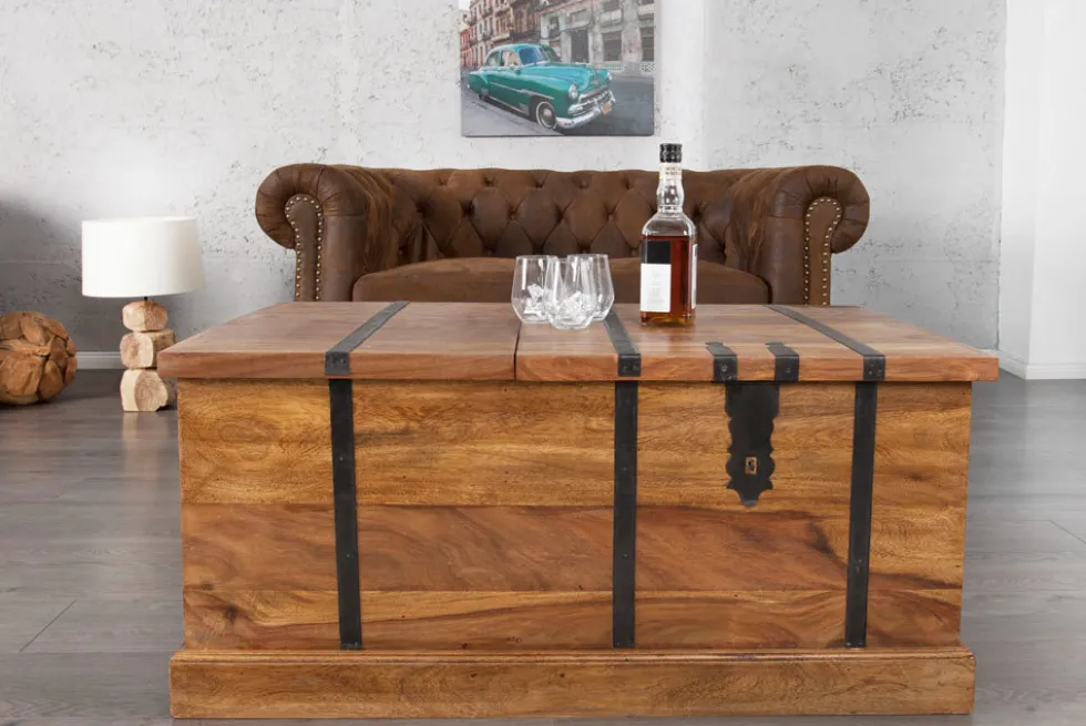 Massivholz Couchtisch BODEGA 100cm braun Sheesham stone finish Truhe Stauraum Weinregal