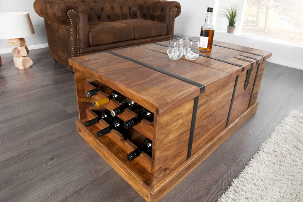 Massivholz Couchtisch BODEGA 100cm braun Sheesham stone finish Truhe Stauraum Weinregal