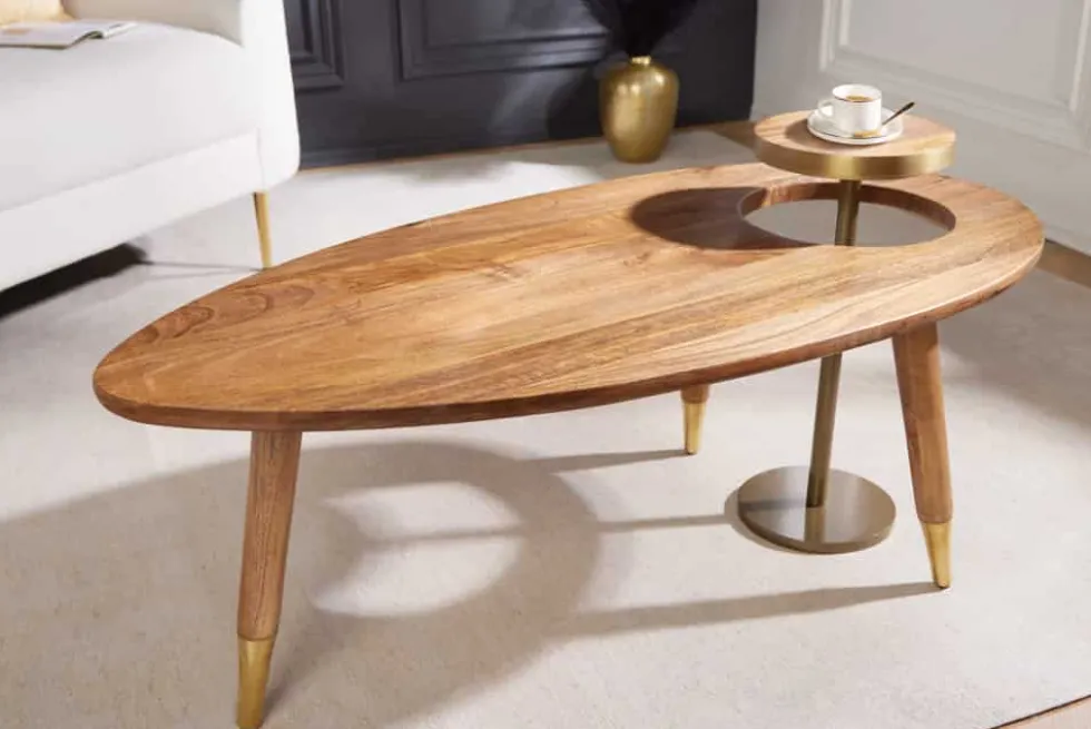 Massivholz Couchtisch GATSBY 110cm braun gold Mango oval rund Beistelltisch 2er Set Retro Design