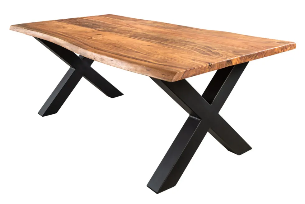 Massivholz Couchtisch MAMMUT 120cm Akazie Honey Finish X-Gestell schwarz 2,5cm Tischplatte