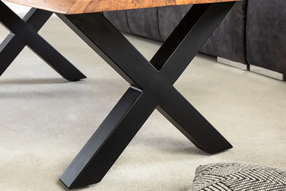 Massivholz Couchtisch MAMMUT 120cm Akazie Honey Finish X-Gestell schwarz 2,5cm Tischplatte