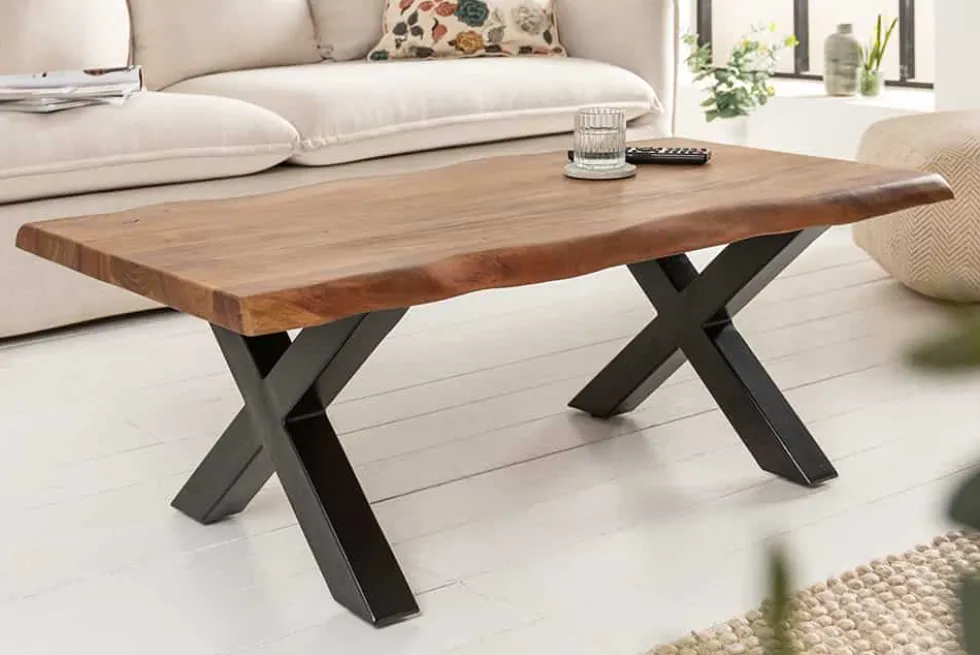 Massivholz Couchtisch MAMMUT 110cm Akazie Baumkante honey finish 3,5cm Tischplatte