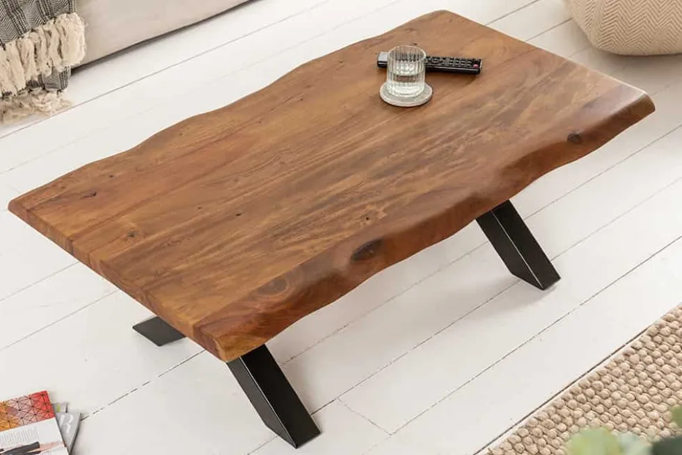 Massivholz Couchtisch MAMMUT 110cm Akazie Baumkante honey finish 3,5cm Tischplatte