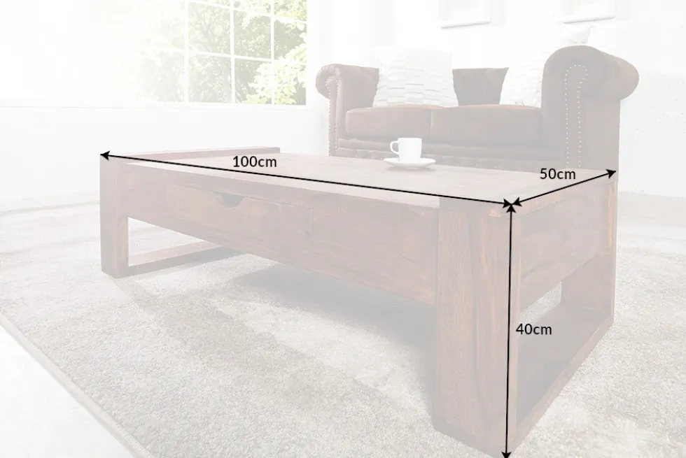 Massivholz Couchtisch MARKANT 100cm braun Sheesham stone finish Schublade Stauraum