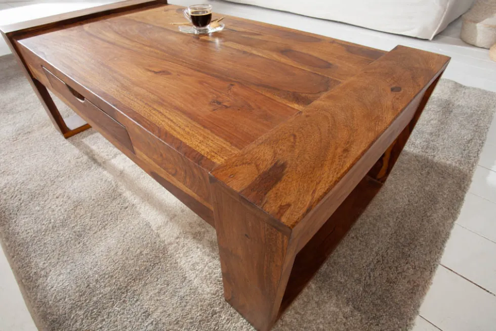 Massivholz Couchtisch MARKANT 100cm braun Sheesham stone finish Schublade Stauraum