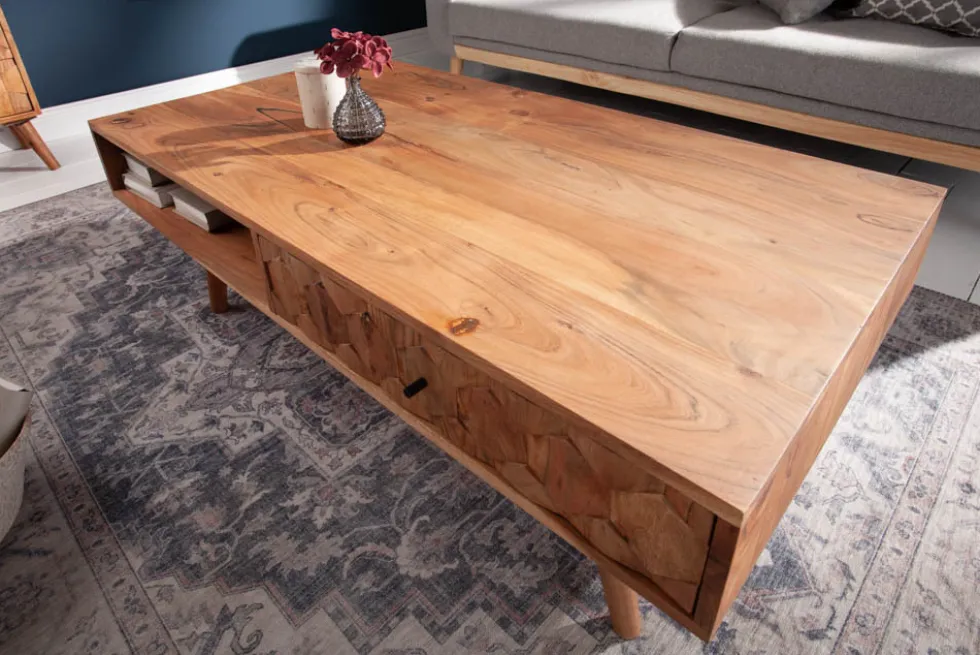 Massivholz Couchtisch MYSTIC LIVING 100cm natur Akazie mit Stauraum Schubladen Ablagefach
