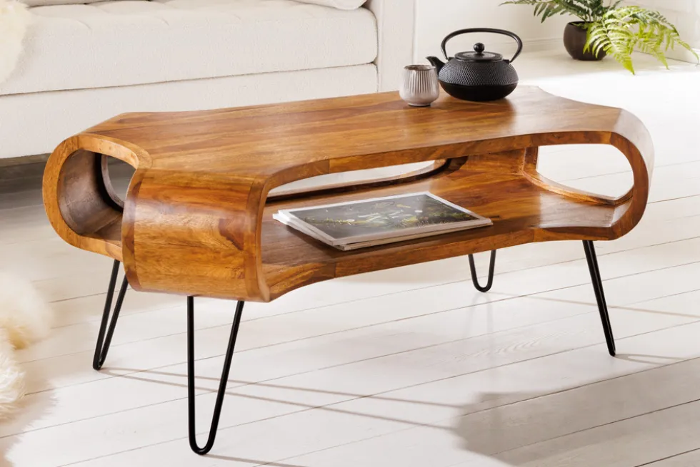 Massivholz Couchtisch ORGANIC LIVING 100cm braun Sheesham stone finish Hairpin Legs