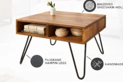 Massivholz Couchtisch SCORPION 60cm braun Sheesham stone finish Stauraum Hairpin Legs