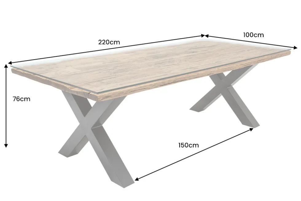 Massivholz Esstisch BARRACUDA 220cm natur Teak schwarz Metall X-Gestell inkl. Glasplatte
